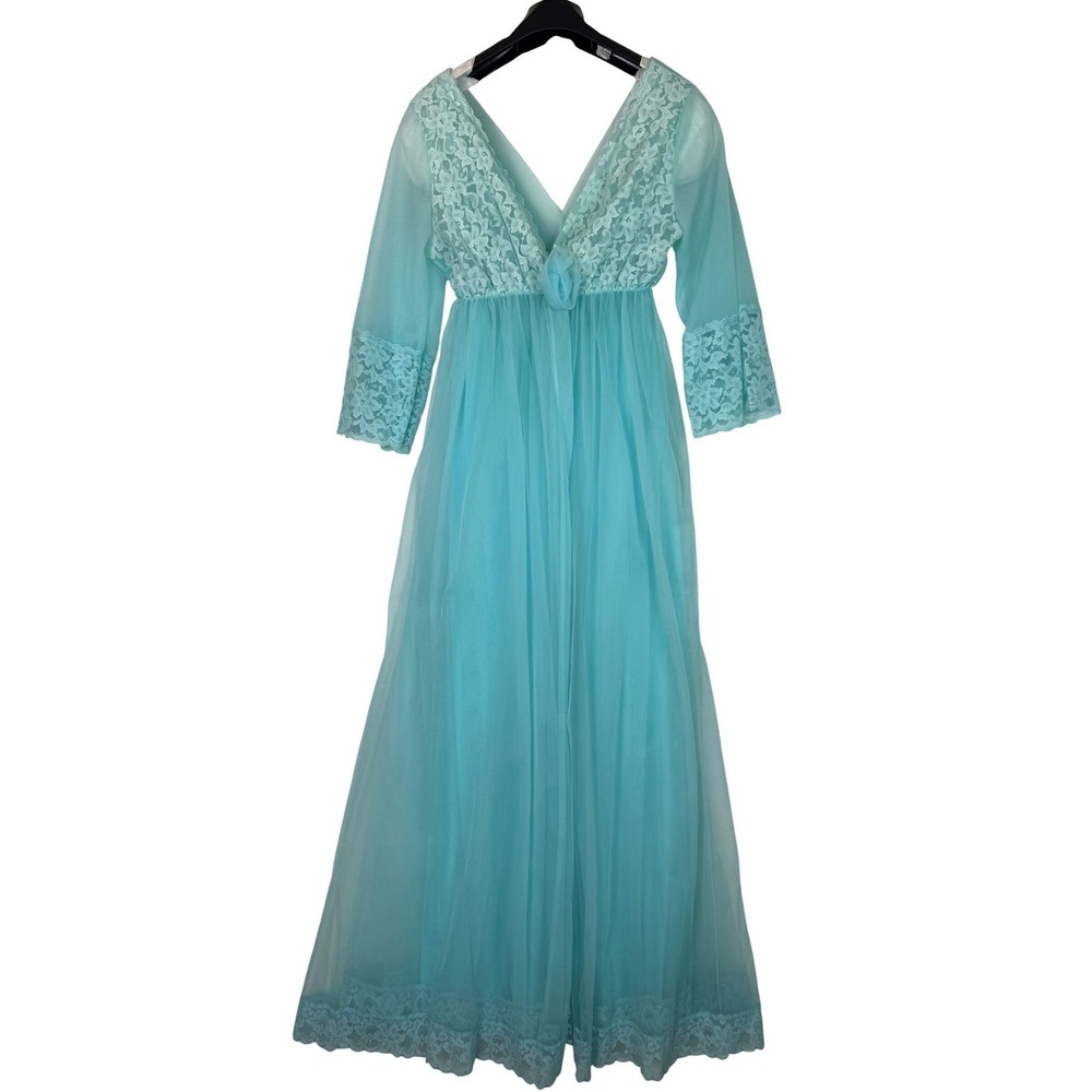 Vtg Aqua Blue Sheer Lace Peignoir Gown Robe Set Sheer Lingere Romantic Sz‎ S/M